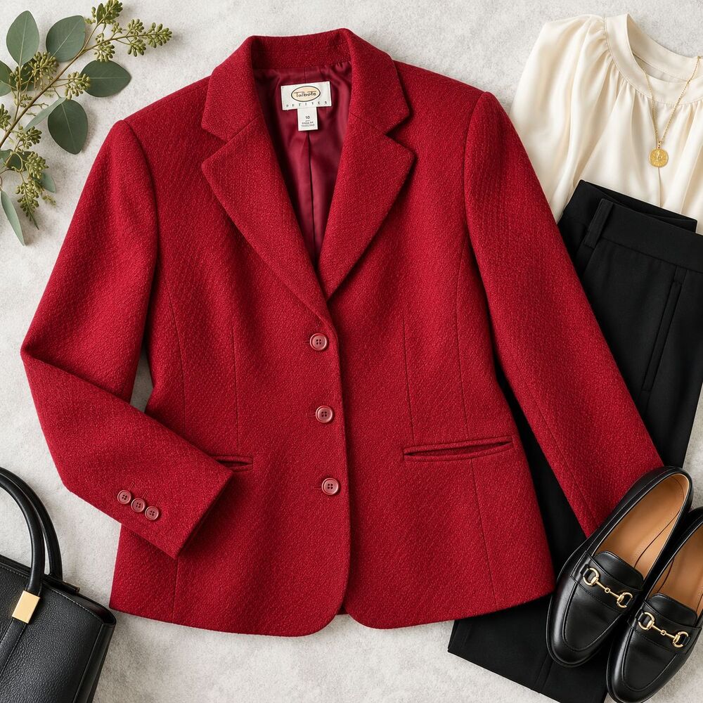 Talbots Petites Red Wool Blend 3 Button Blazer Jacket Women's Size 10P